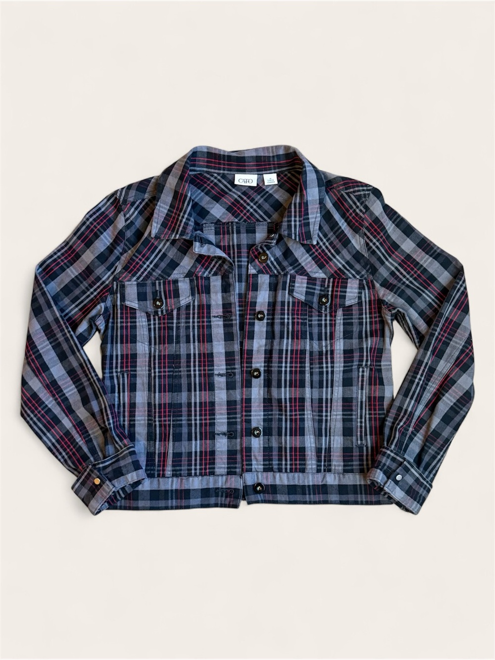 Cato Plaid Jean Jacket in Grey, Black and Red